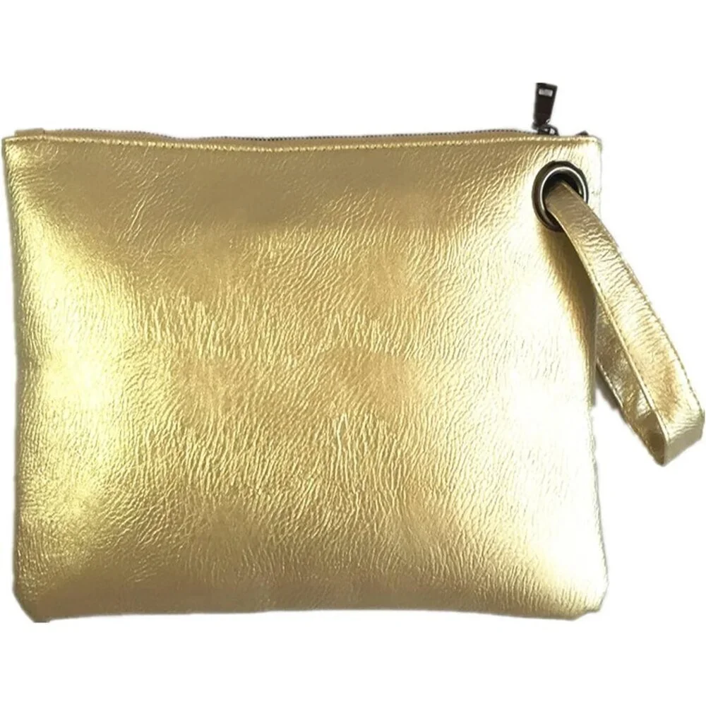 Women's Gold Pu Leather Zipper Trendy Designer Wristlet Elegant Wedding Clutch